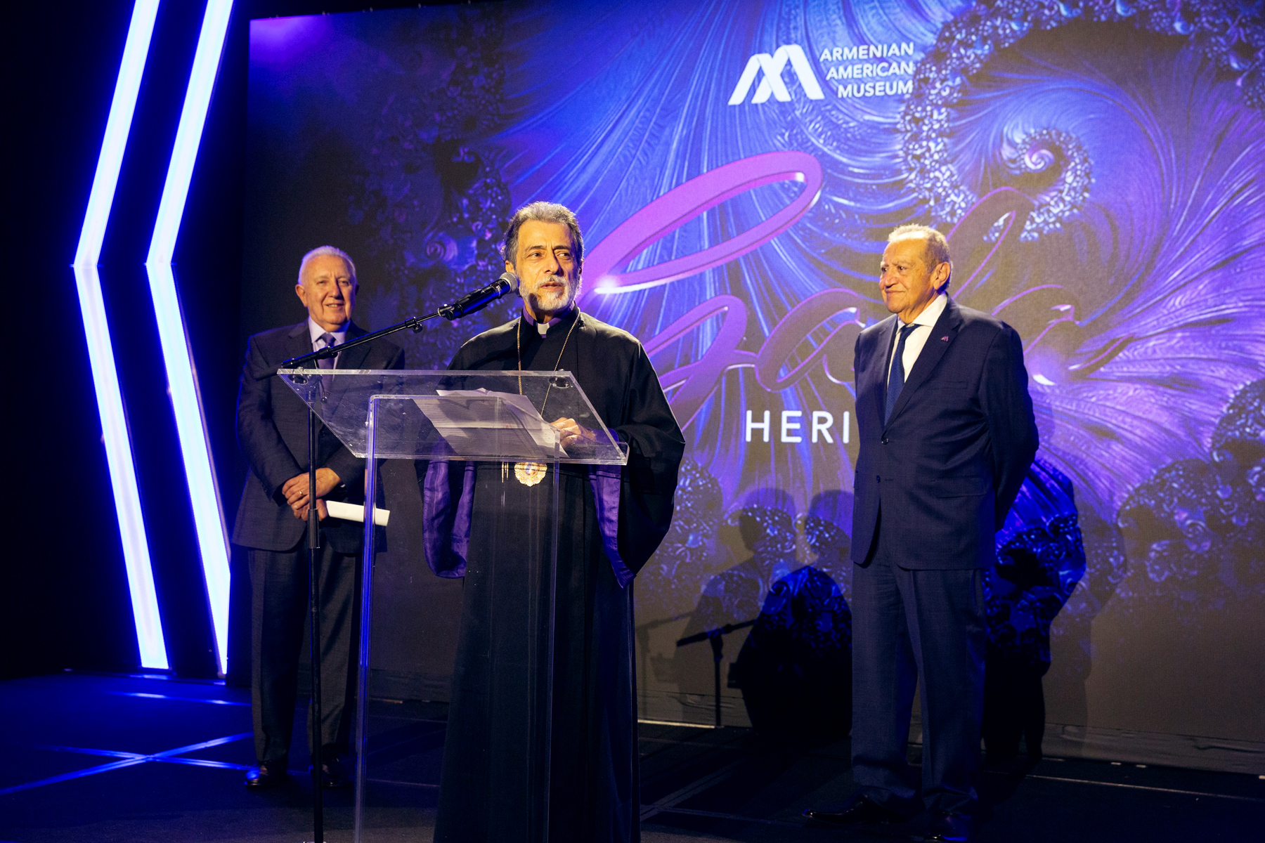 14. Armenian American Museum Heritage Gala Board of Trustees Co Chair Archbishop Hovnan Derderian, Executive Chairman Berdj Karapetian and Executive Vice Chairman Zaven Kazazian