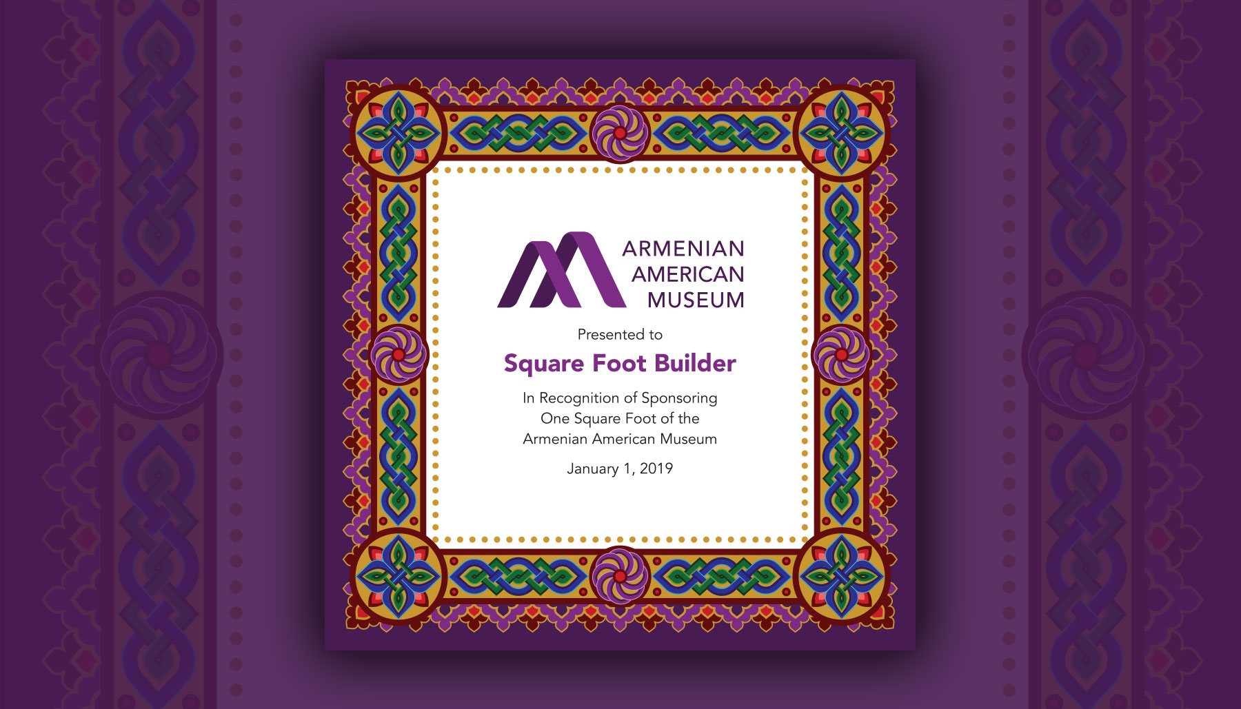 Armenian American Museum Square Foot Certificate